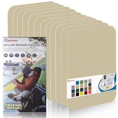 Imagen de Parche autoadhesivo de nailon, Cahomo 12 piezas 20X10 cm Parches reparación Nylon, impermeable autoadhesivo, para chaquetas, tiendas campaña, paraguas Amarillo Beige