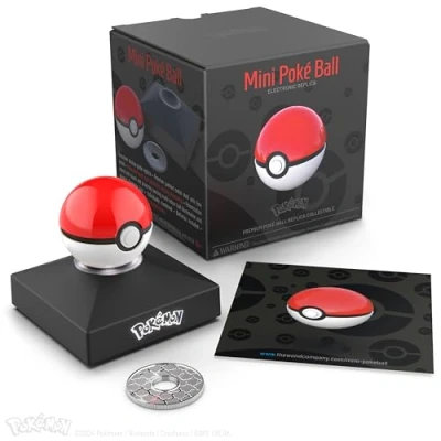 Imagen de The Wand Company Mini Poké Ball Réplica auténtica Realista, electrónica, fundida a presión con soporte de exhibición Características la luz Licencia oficial Pokémon, Rojo