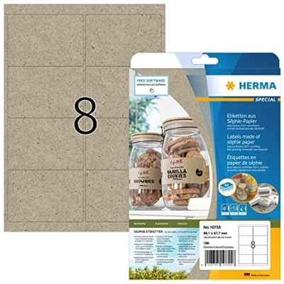 Imagen de HERMA 10755 etiquetas de dirección papel hierba, 20 hojas, 99,1 x 67,7 mm, 8 por hoja A4, 160 unidades, autoadhesivas, imprimibles, mate, en blanco, Silphie, para direcciones,