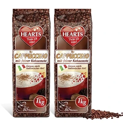 Imagen de HEARTS Cappuccino con fina nota de cacao, 2 unidades (2 x 1 kg) aroma intenso, lechoso y cremoso, café instantáneo soluble, suficiente para 160 tazas