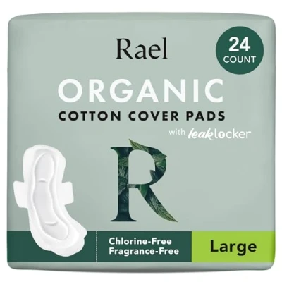 Imagen de Rael compresas para mujer, funda de algodón cellulose orgánico, menstruales con alas, cuidado femenino, servilletas sanitarias, gran absorción, sin perfume (grande, 24 unidades)