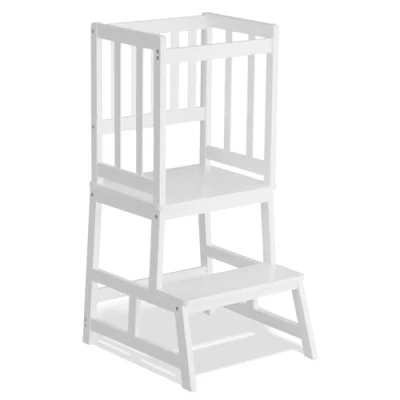 Imagen de COSYLAND Torre de Aprendizaje Desde 18 Meses Madera para Niños Protección Antivuelco y Barra Seguridad Baño, Habitación Infantil Cocina Blanco
