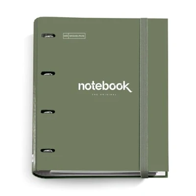 Imagen de Miquelrius Carpebloc A4 Emotions, Carpeta Archivador con 4 Anillas + Recambio 100 Hojas Cuadrícula 5 mm, Papel 90 g/m², Cierre Goma, Color Verde Kaki