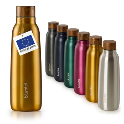 Imagen de Blumtal® botella termica Charles 500ml sin BPA agua acero inoxidable botellas de aislada amarillo con madera