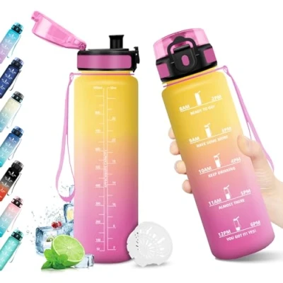 Imagen de Botella de Agua 1L, con Filtro, Gimnasio Marca Tiempo, Reutilizable, sin BPA, Motivacional, para Deporte, Oficina, Escuela, Bicicleta, Running