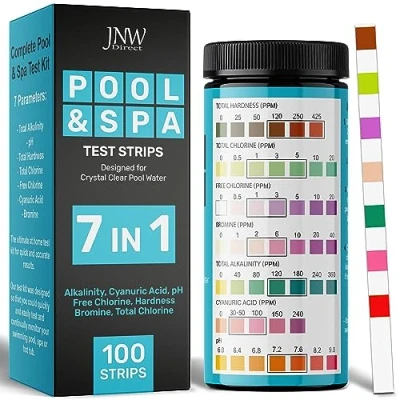 Imagen de tiras pH rápidas y precisas para agua de piscina spa Kit analizador cloro 7 en 1 100 test cloro, bromo, dureza con eBook JNW Direct