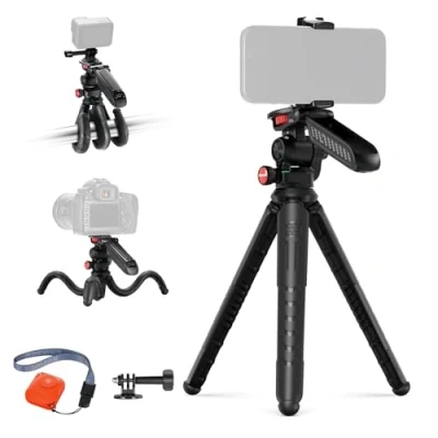 Imagen de NEEWER Trípode Flexible Teléfono y Cámara con Control/Mango/Soporte Teléfono/Adaptador Acción, Mini Viaje Vlog Selfie Stick Compatible iPhone GoPro Hero13 12 11 10 Samsung,TP36