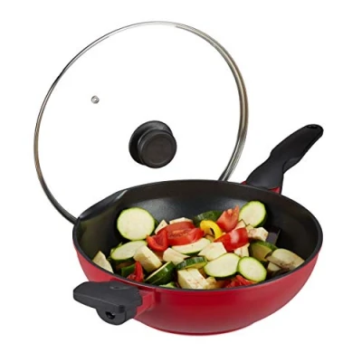 Imagen de Relaxdays Sartén Wok con Tapa de Cristal 30 cm, Asas, Revestimiento Antiadherente, Inducción, Gas y Eléctrica, 4L, Rojo