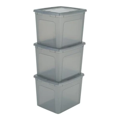 Imagen de Iris Ohyama 3 Cajas de Almacenaje Plástico Versátiles con Tapa, 30L, Gris, Cierre fácil, Apilable, Duradero, para Armario, Estante, Aula, Organizadora, Ropa, Zapatos, Libre BPA, MCB 30