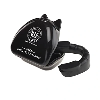 Imagen de VIP Custos Protector bucal de doble capa con funda para boxeo, artes marciales, rugby, muay thai, hockey, judo, karate, deportes contacto, color negro