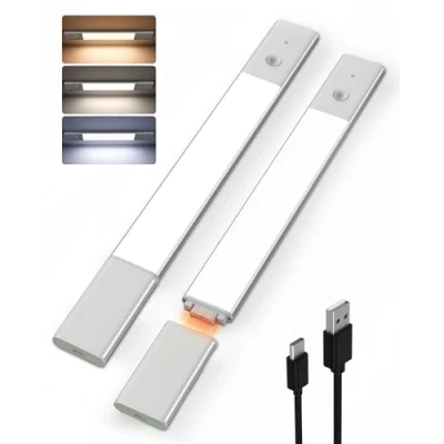 Imagen de EZVALO Luz Armario, Sensor Movimiento, 40cm, con Cinta Adhesiva Magnética, 48 LED Inalambrica USB Recargable Cálida para Cocina Dormitorio Escaleras Bajo Armario 2 Pieza