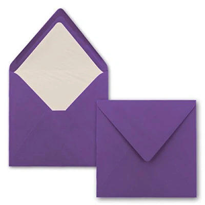 Imagen de 50 sobres cuadrados de 16 x cm, color violeta, con forro seda blanco, sin ventana y adhesivo húmedo, para tarjetas invitación boda cumpleaños