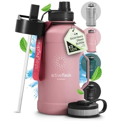 Imagen de Botella agua acero inoxidable Active Flask + pajita (3 tapas) Garrafa deportiva grande de 1,3 2,2 litros sin BPA y a prueba fugas, Frasco XL para deportes al aire libre Cantimplora 1L 2L