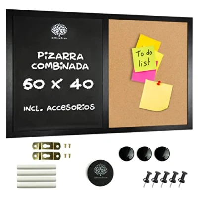 Imagen de OfficeTree 60x40cm 2en1 Corcho y Pizarra Tablon Magnetico De Incluido Imán, Chincheta, Tiza Borrador Pared Magnetica