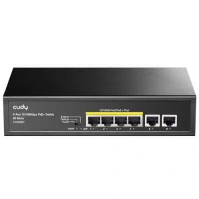 Imagen de Cudy 6 Port 10 / 100M PoE+ Switch, 4 Puertos PoE/PoE +, Modo CCTV, Aislamiento de VLAN, sin Ventilador, protección contra sobrecargas ± 4KV, Caja Acero, 60W (FS1006P)