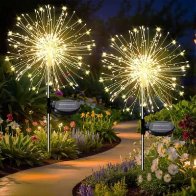 Imagen de Dekofun Paquete de 2 luces solares para fuegos artificiales con 120 LED, 8 modos iluminación, jardín al aire libre, decoraciones césped, blanco cálido