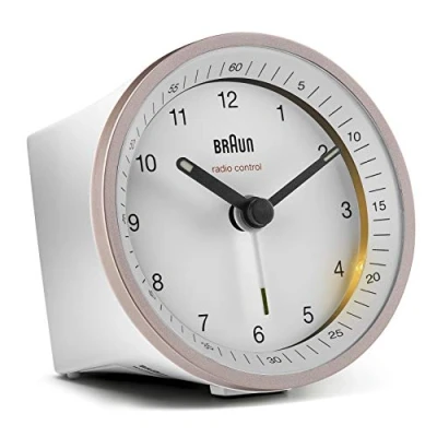 Imagen de Braun Reloj Despertador analógico controlado por Radio, Zona con Hora Central Europea (DCF/GMT+1), función repetición e iluminación, Alarma pitido en Blanco y Rosa, BC07PW DCF