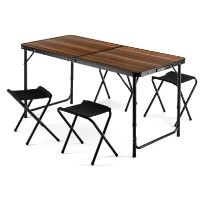 Imagen de Outtec Mesa Plegable Camping con Sillas, 120 x 60 cm Portatil 4 Taburetes, Altura Ajustable, Playa, de Aluminio Picnic, Barbacoa, Jardínx, Madera/Negro