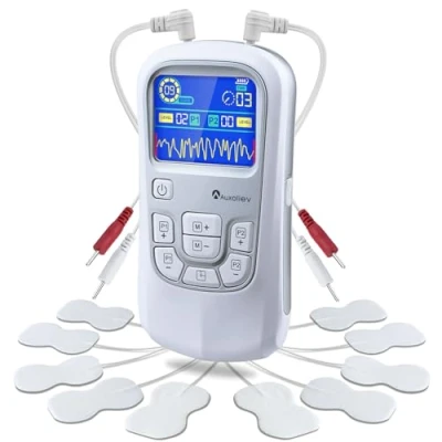 Imagen de Auxoliev Electroestimulador Muscular, Doble Canal, 25 Modos de Masaje, 50 Niveles Intensidad para Aliviar el Dolor, 10 Electrodos TENS, Masajeador EMS Electro Pulso (plateado)
