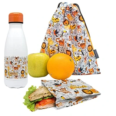 Imagen de NERTHUS FIH 1014 SET Botella Doble Pared Acero Inox + Bolsa Sandwich Mochila Leones