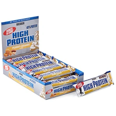 Imagen de Barrita de proteína Weider Low Carb High Protein, caja mixta en los sabores chocolate, stracciatella y caramelo cacahuete, 24 piezas por caja, fitness musculación, x 50 g