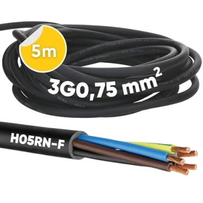 Imagen de Kalitec H05RN F cable de goma (5 m, 3 x 0,75 mm², con conductor protección para exteriores, eléctrico negro, flexible, resistente a los rayos UV y al aceite, conexión