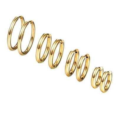 Imagen de Conjunto de Pendientes Aro Dorado para Mujer Acero Inoxidable Chapado en Oro, Piercings Orejas Hombre Aros 20mm 16mm 14mm 10mm