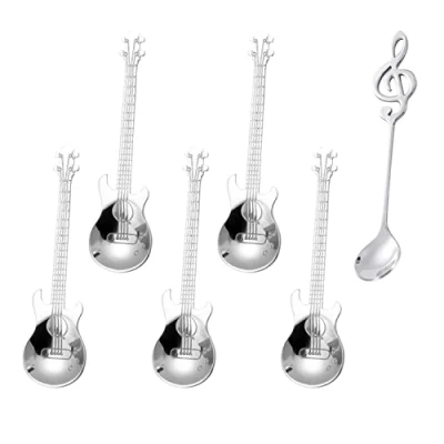 Imagen de 5 cucharas de café guitarra y 1 cuchara para notas musicales, interesante regalo decoración musical, postre acero inoxidable postres con leche (plata)