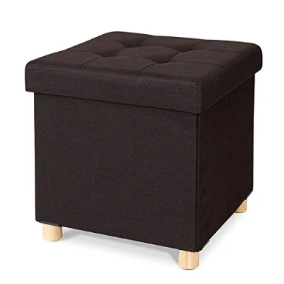 Imagen de Taburete plegable con pies caja de almacenamiento otomano lino 38x38x38 cm, Marrón