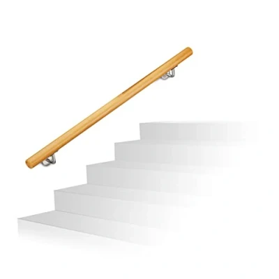 Imagen de Relaxdays Rústica Pasamanos Escalera con Soportes, Madera de Haya, Natural, 100 cm, Acero Inoxidable