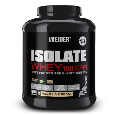 Imagen de Weider Isolate Whey 100CFM, 100% Aislado de Proteina Suero, Cero Azúcar y Aspartamo, Sabor Vainilla Bote con 908 g