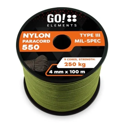 Imagen de GO!elements 100m Paracord de Nylon a Prueba desgarros 4mm 550 Typo III Cuerda Adecuado como Yute &amp; Gruesa MAX. 250kg, Color: Aceituna