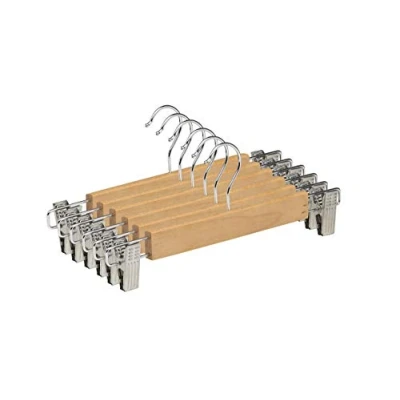 Imagen de COM FORT HOUSE Percha de Madera Maciza Color Natural con Pinzas Gancho Giratorio Ideal para Faldas Pantalones y Vaqueros Pack 6 Unidades