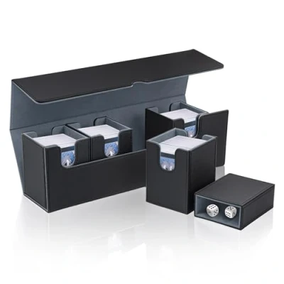 Imagen de Tolesum Caja de Tarjetas para MTG, Cajas Almacenamiento Separadas 5 en 1 más 800 Tarjetas, con Tapa magnética Cuero PU Bandeja Dados Magic Commander TCG Negro