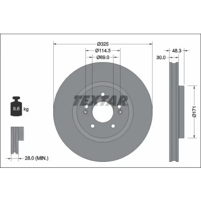 Imagen de TEXTAR 92337103 Disco de freno 325 30 05/07 114,3 ventilación interna revestido sin cojinete rueda, perno sujeción buje rueda
