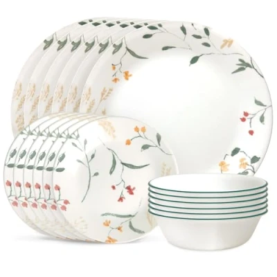 Imagen de Corelle Vitrelle Juego de vajilla vidrio 18 piezas, servicio para 6, juegos platos y cuencos resistentes a astillas grietas, flores silvestres