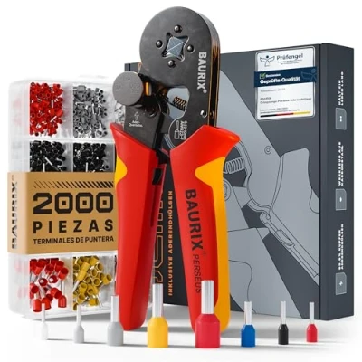 Imagen de BAURIX® Crimpadora Terminales Eléctricos con Kit de 2000 punteras Pinzas para regulador fuerza [para 0,25 10 mm²] autoajustables Alicates
