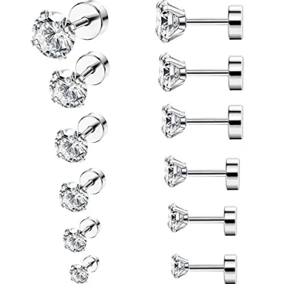 Imagen de Sumind 6 Pares 18G Aretes de Perno Zirconia Cúbica Acero Inoxidable Piercing Barra con Pesas Cartílago Oreja Helix Tragus, Tamaños
