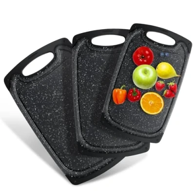 Imagen de Romon Tabla Cortar Cocina, 2 Tablas de Corte Plástico, Fáciles Limpiar y Antideslizante, Cutting Board son Duras durable, Frutas para Verduras, Carne, Negro,S/M/L