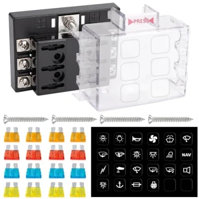 Imagen de GUNGY Caja Fusibles 12V Portafusibles 6 Vías Porta Coche con 16 y Pegatinas para Camper Camión Barco
