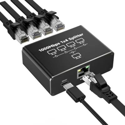 Imagen de GlasFlength Switch Ethernet 1 a 4 1000Mbps, Hub Aluminio Splitter Gigabit RJ45 Duplicador para Ordenadores Hubs Switches Routers Decodificadores