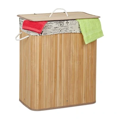 Imagen de Relaxdays Ropa Sucia Bambú, 2 Compartimentos, Cesta Colada con Tapa, 64 x 55 34,5 cm, Saco Extraíble, Natural, Tablero de Fibras