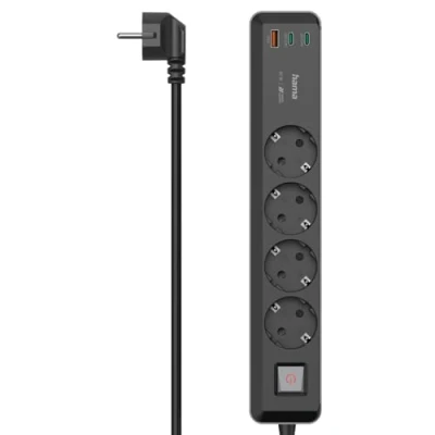 Imagen de Regleta Hama 00223189, 4 Tomas y 3 puertos USB, USB C/A, 65 W, Interruptor, 1,4 metros de longitud, Negro