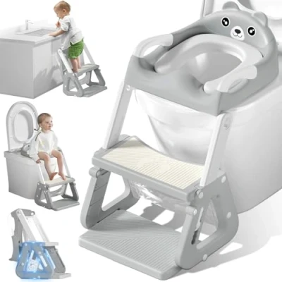 Imagen de Vautvis Adaptador Wc Niños Con Escalera, Reductor 2 En 1, Baño Para Plegable, Pu Cojín Antideslizante Y Antisalpicaduras, Plegable Altura Ajustable