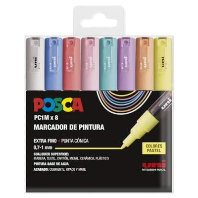 Imagen de UNI Posca Estuche de 8 Rotuladores PC1M Color Pastel Punta Cónica Extra Fino