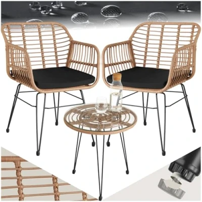 Imagen de TecTake® Conjunto Jardín Exterior de Ratán y Acero para 2 Personas, Muebles Resistentes a Intemperie, Sillas con Cojines (Fundas Extraíbles), 1 Mesa Cristal Natural