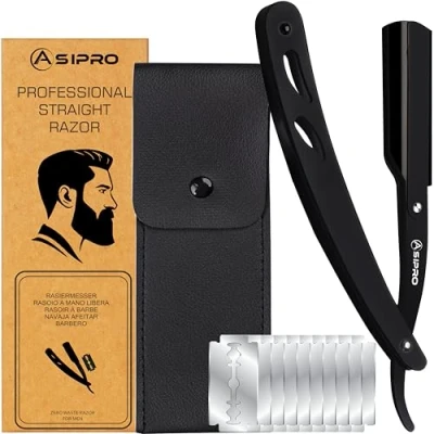 Imagen de ASIPRO Navaja Afeitar Barbero Profesional con (20 Cuchillas Simples)10 de Doble Filo y Funda Protectora Kit/Set Afeitado Hombre Peluqueria Professional Clásica