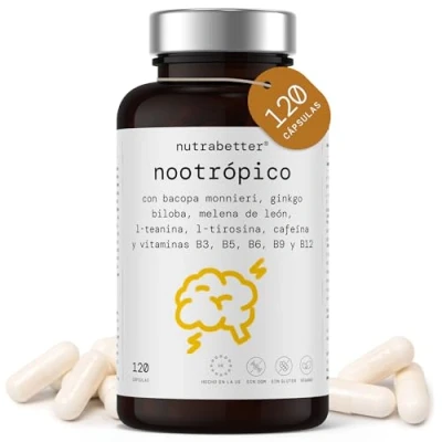 Imagen de Nootropico Potente Natural Memoria, Concentración, Energía y Agilidad Mental Gingko Biloba, Melena de Leon, Bacopa Monnieri, Tirosina, Cafeina, Teanina +5 Vitaminas120 cápsulas veganasnutrabetter®