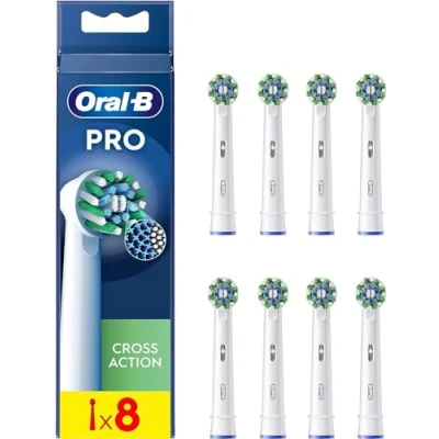 Imagen de Oral B Crossaction Cabezal de Recambio, Set 8 Recambios para Cepillo Eléctrico Recargable, Redondeado con Diseño Inspiración Profesional Limpiar Diente Por Diente, Blanco