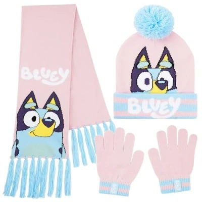 Imagen de Bluey Set de Invierno 3 Piezas, Gorro Pompón, Bufanda y Guantes para Niñas (Rosa)